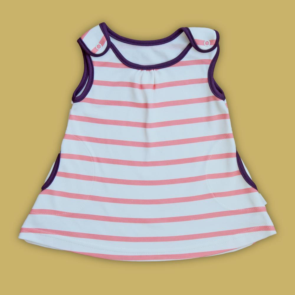 Shrimp pink striped pinafore dress in jersey cotton for baby
