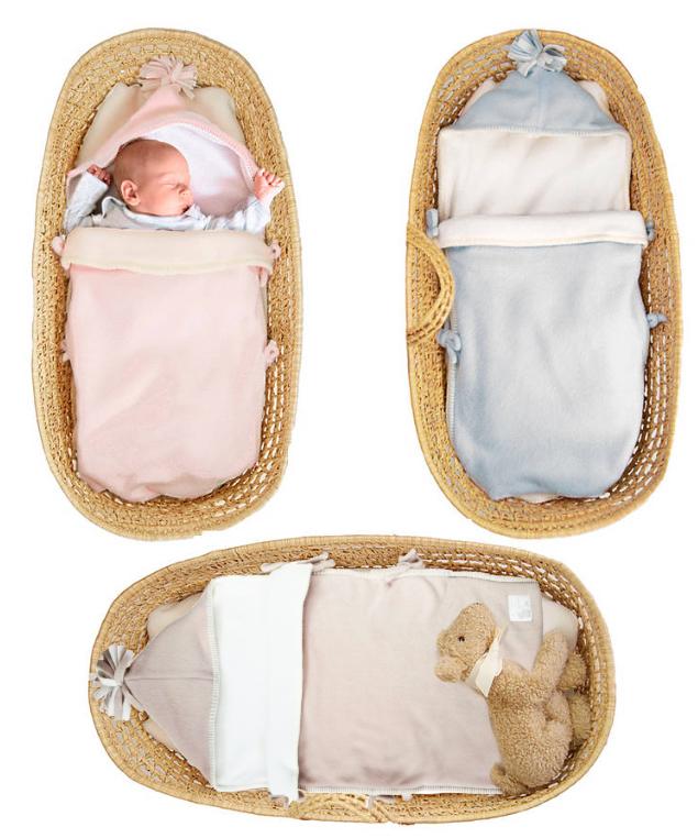 Nap-sack baby papooses in pale pink pale blue and oatmeal