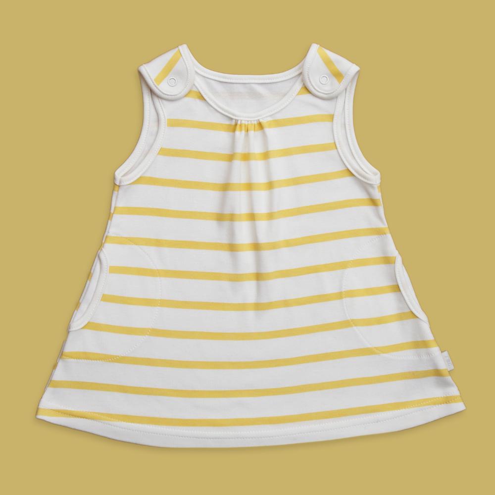 Yellow striped jersey cotton pinafore dress by Tuppence and Crumble