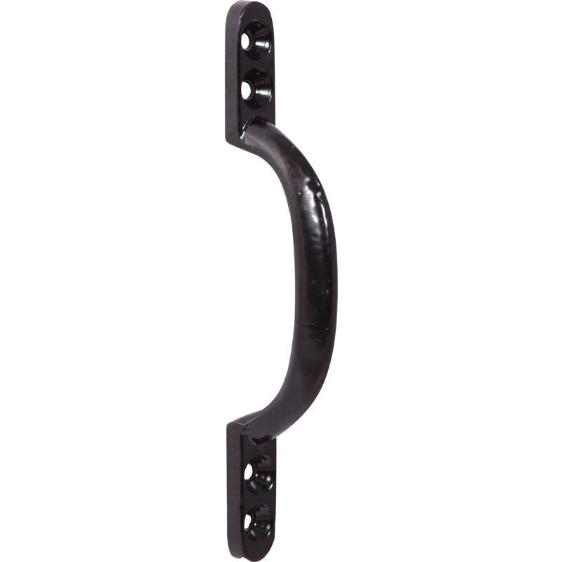 Black cast iron pull handle with a whit background