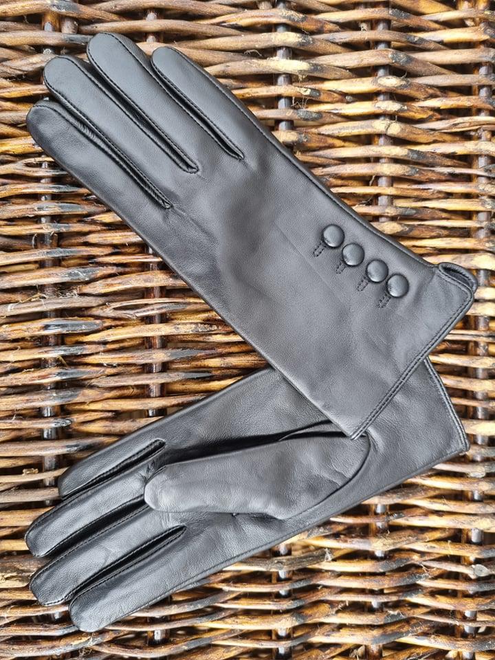 Black Leather Button Gloves