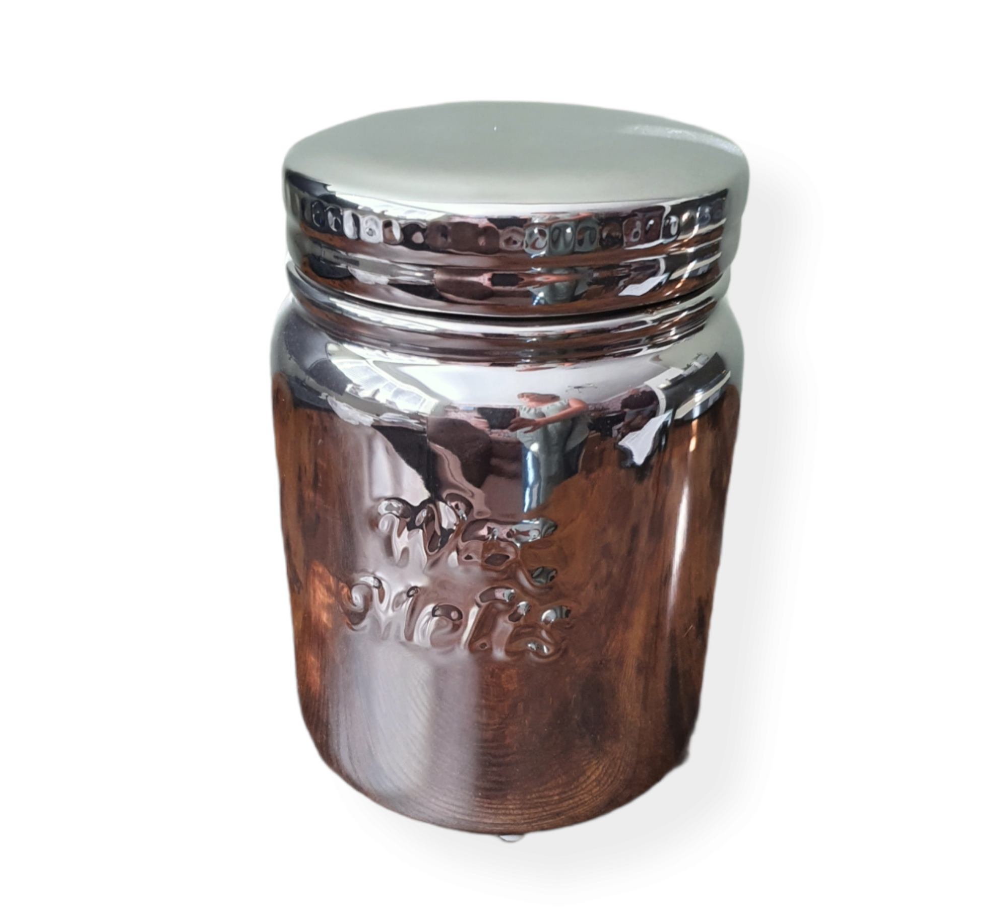 Large Shiny silver ceramic mason Jar wax melt storage jar. Raised wording wax melt.