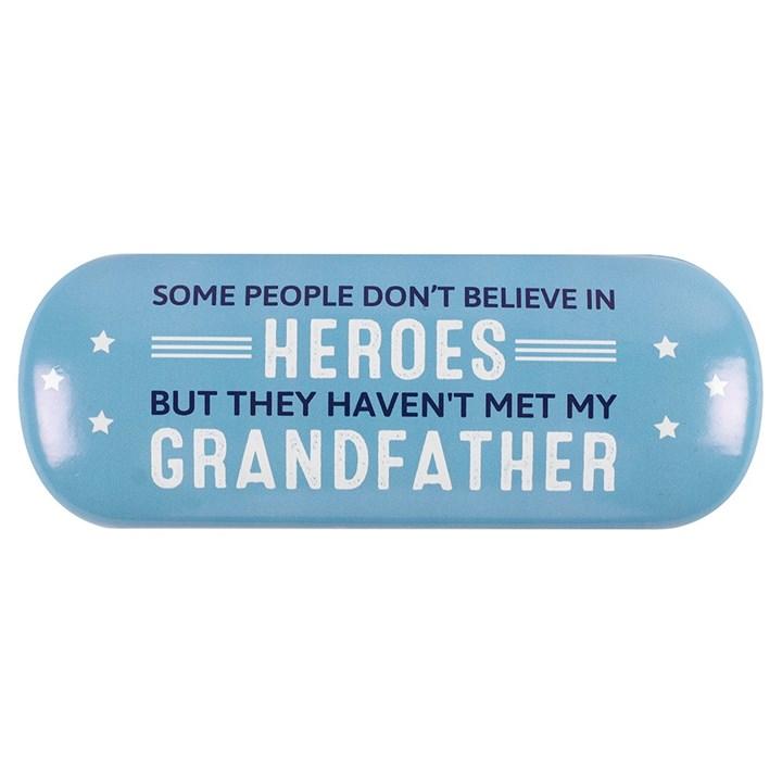 Light blue glasses case, dark blue & white text reads ' Some people don't believe in Heroes but they haven't met my grandfather'.  Small white stars .