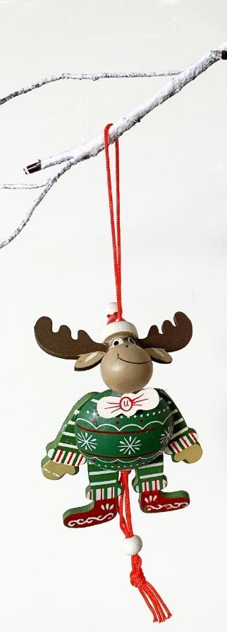 Small wooden hanging painted reindeer with round face and a round tummy, red silk strings hanging.