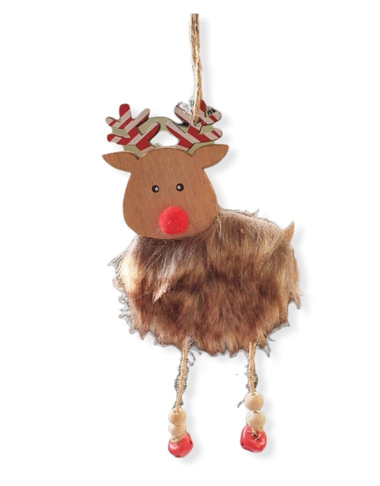 Wooden hanging reindeer, red& white stripe antlers, red pompom nose, beige faux fur body, rope hanging legs that have 2 white beads and a red bell at the end of each leg.