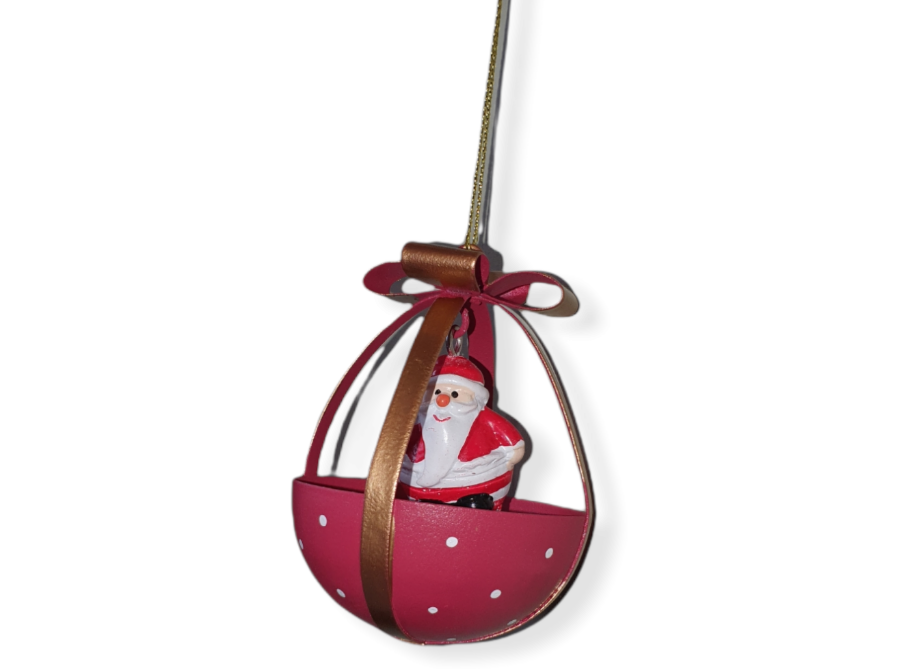 Red metal upside down dome with white spots, Santa in-side hanging from a metal bow.