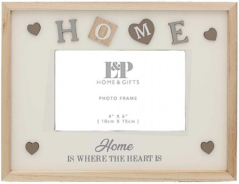Rectangle photo frame, natural woos outer frame, ' Home' letter and heart embellishments, text ' Home is where the heart is'