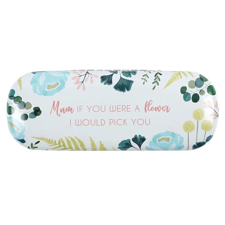 Glasses case top, various blue, pink flowers, various blue, green leaves, pink writing print.