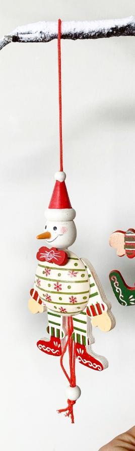 Wooden hanging painted snowman with Santa hat, red silky string top and bottom.