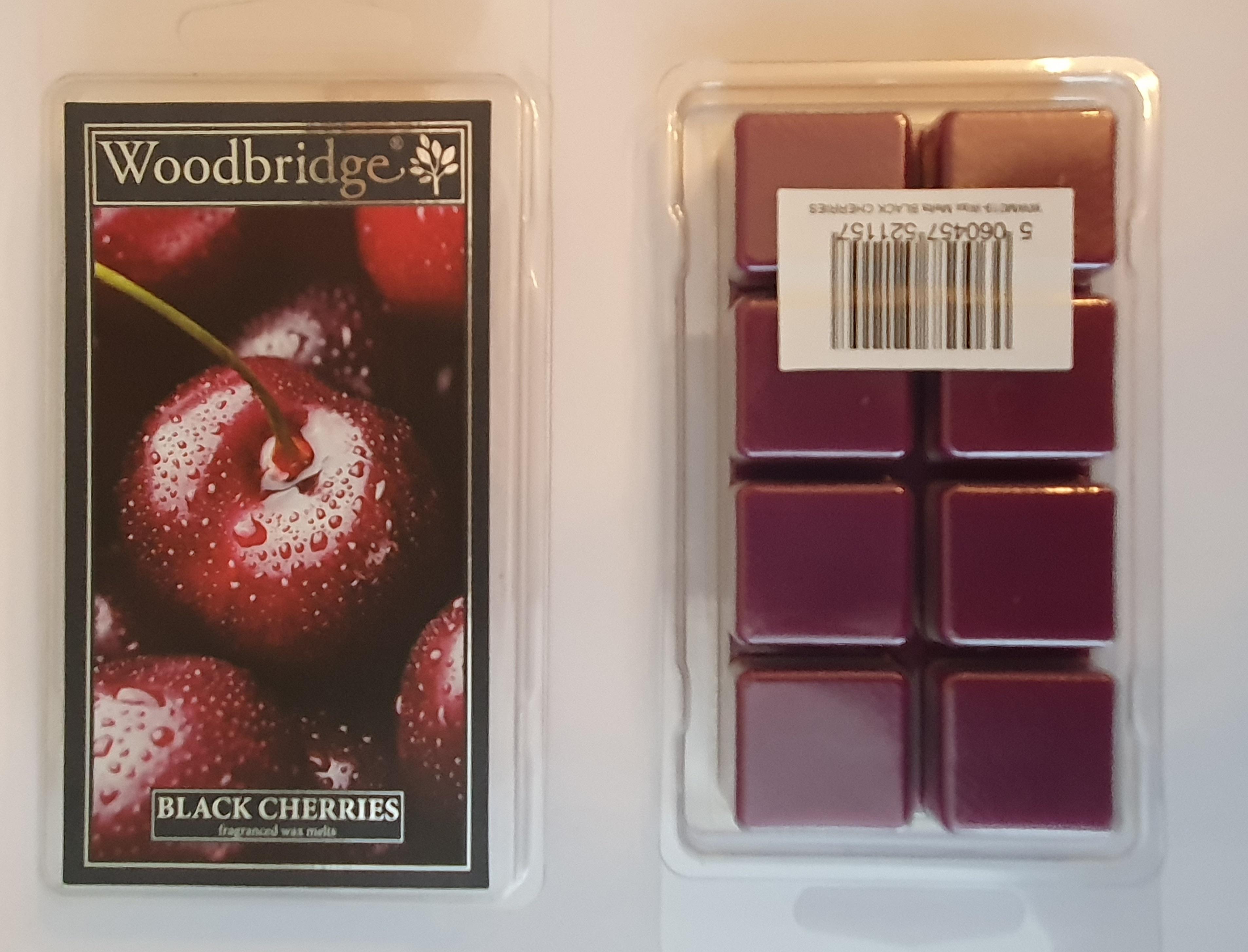 Front and rear of black cherry wax melt in packaging
