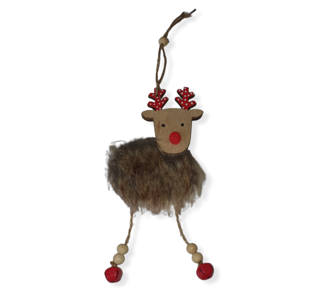 Hanging wooden Reindeer, with red antlers & small white spots, red pompom nose. beige faux fur body, 2 rope hanging legs with 2 white beads and a small red bell on each leg.
