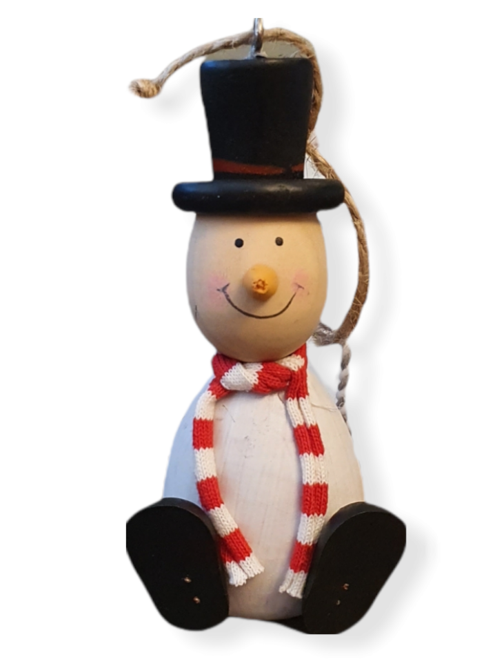 Sitting snowman with a black top hat & feet. Red & white stripped scarf and a jute string hanger.
