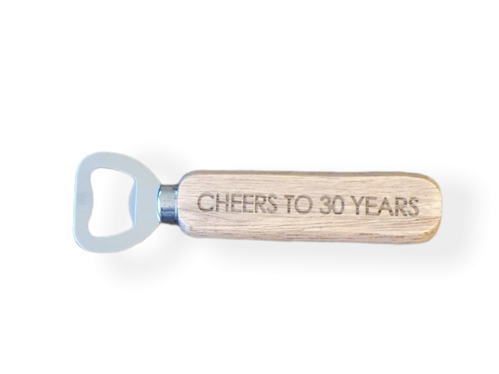 Chunky Rustic wooden handle engraved cheers to 30, metal opener end.