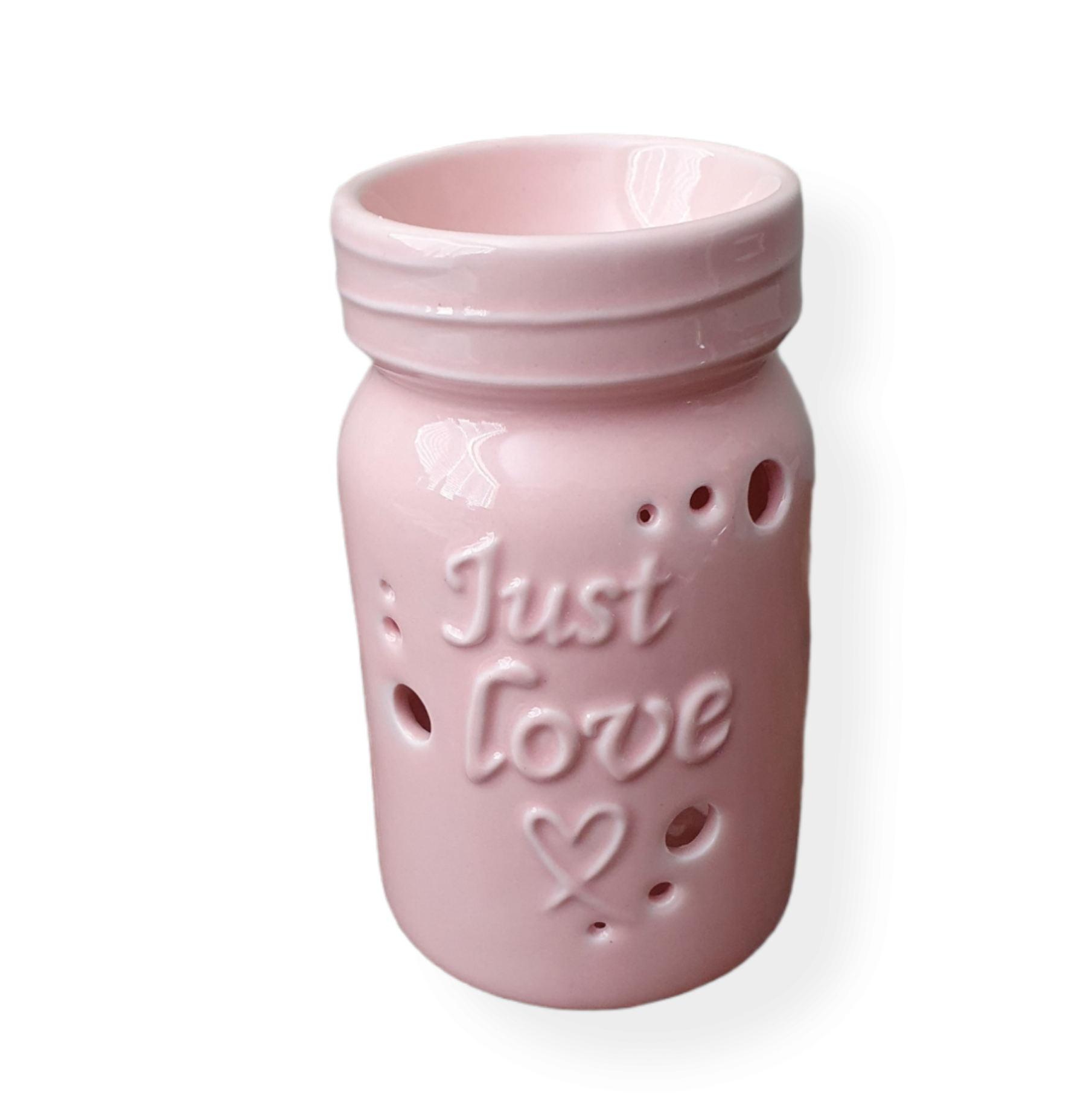 Standing ceramic mason jar wax melter, raised just love and a heart , small circles cut out all in light pink.on front