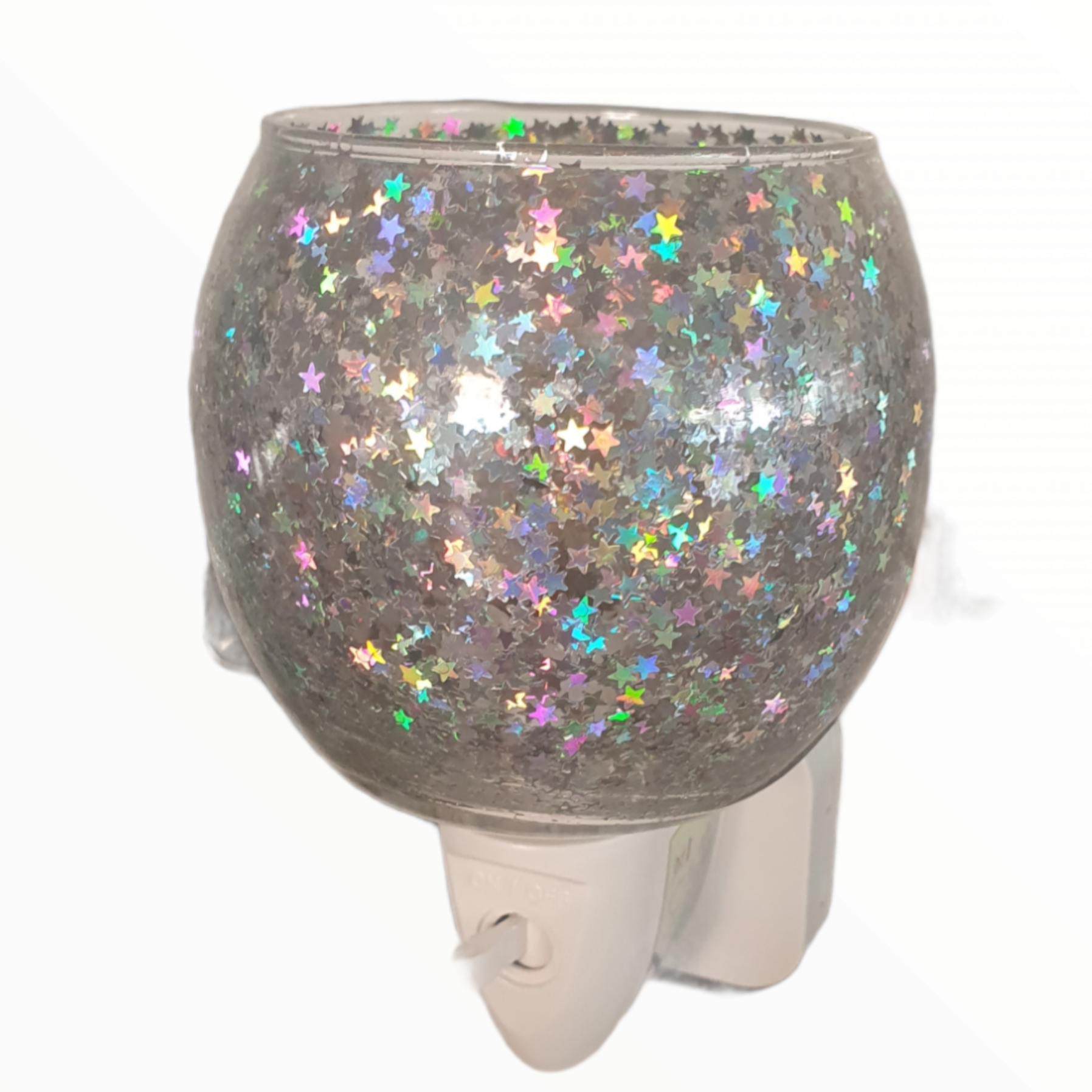 Round glass plugin wax warmer with silver glitter stars