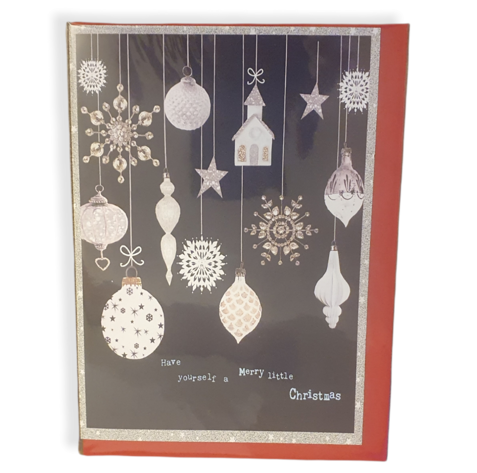 Navy blue cardwith white & silver different shaped baubles hanging at different lengths. Light blue text 'Have yourself a Merry Little Christmas' across the bottom.