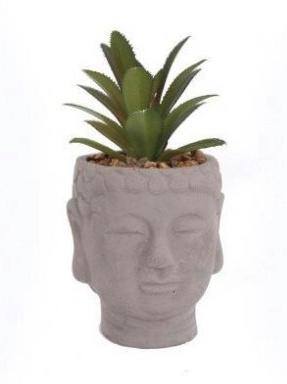 Small Grey cement buddha shape head pot,  with succulent plant inside.