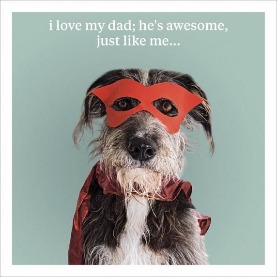 Scruffy looking black and white dog with a shiny red cape and red eye mask on. White text I love my dad he's awesome, just like me...
