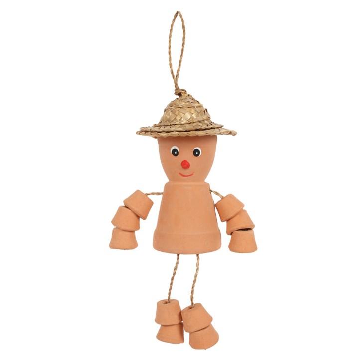 Small man made from various terracotta pots and jute string with a straw hat.