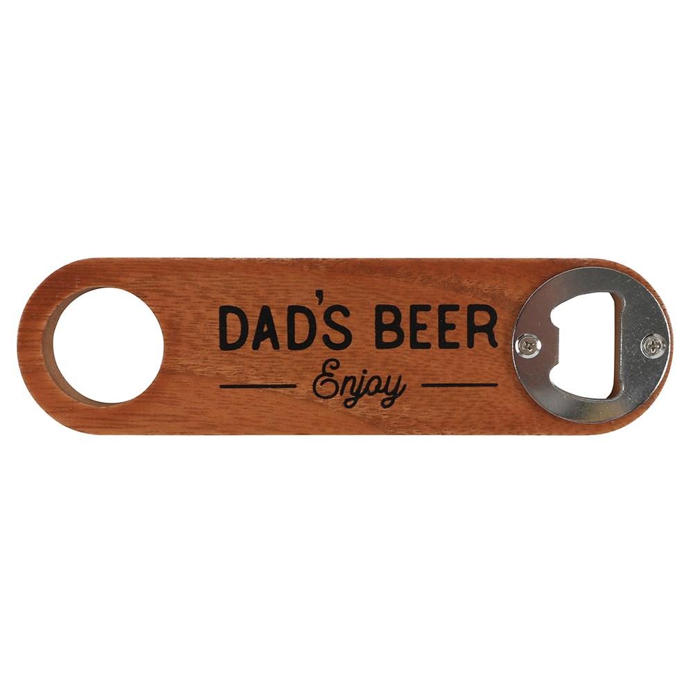 Dark wood oblong bottle opener, black text ' Dad's beer Enjoy' print,  metal circle end.