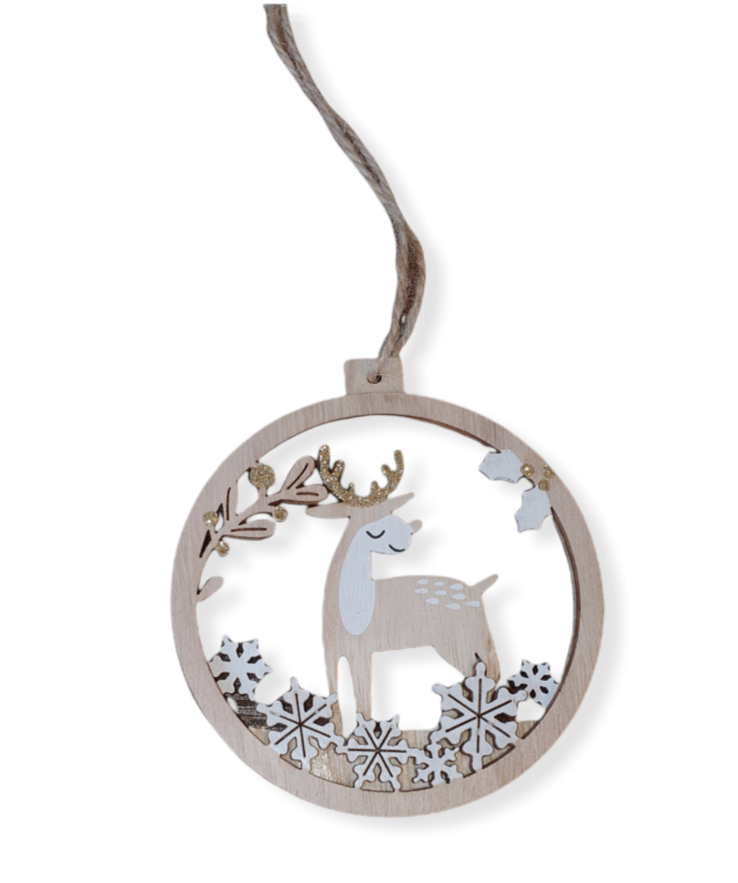 Flat Wooden bauble with a reindeer standing centre, white snowflakes and Holly with gold glitter berries decorate the inside edge