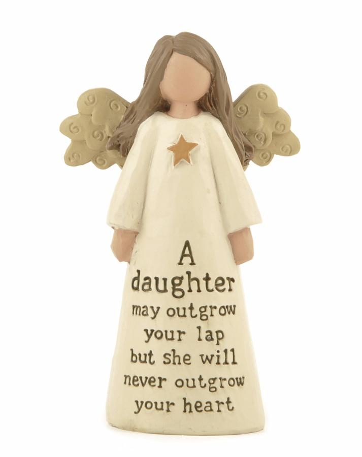 Cream angel, beige wings, dark text ' A daughter may outgrow your lap but she will never outgrow your heart' on the body.