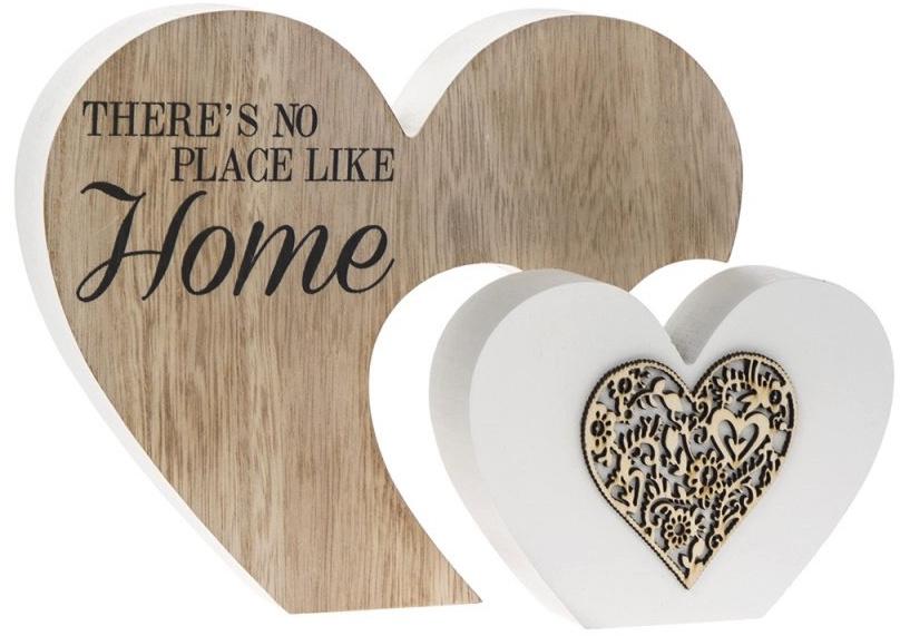 Small white heart, with light wood patterned heart on it, sunk into large wood heart block, text 'There's no place like home'