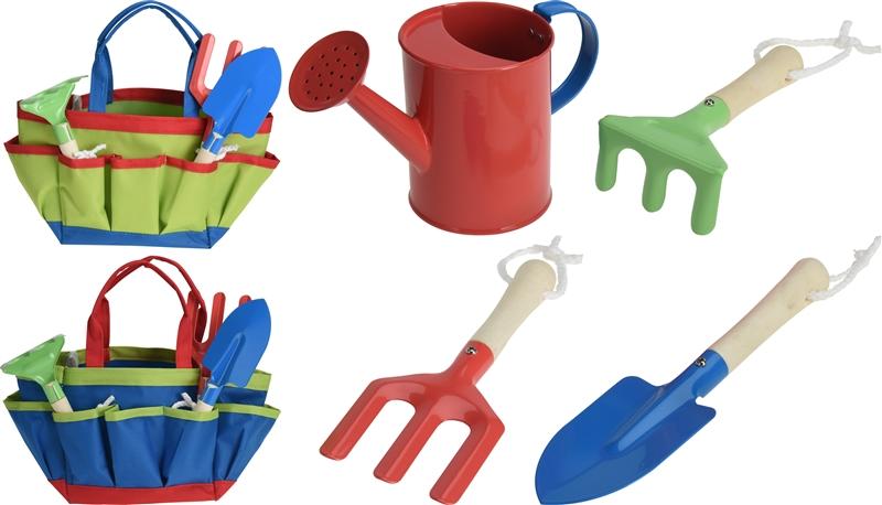 Children's gardening set in a green bag, blue and red trim, blue bag green and red trim. 2 forks one spade and watering can on show.