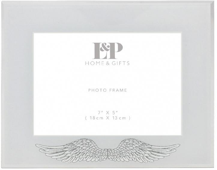 Horizontal rectangular white glass wide rimmed picture frame with silver glitter angel wings bottom centre of frame.