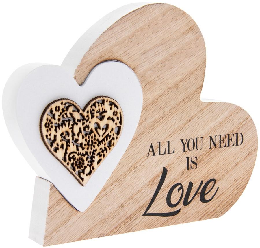 Small white heart, with light wood patterned heart on it, sunk into large wood heart block, text ' All you need is Love'