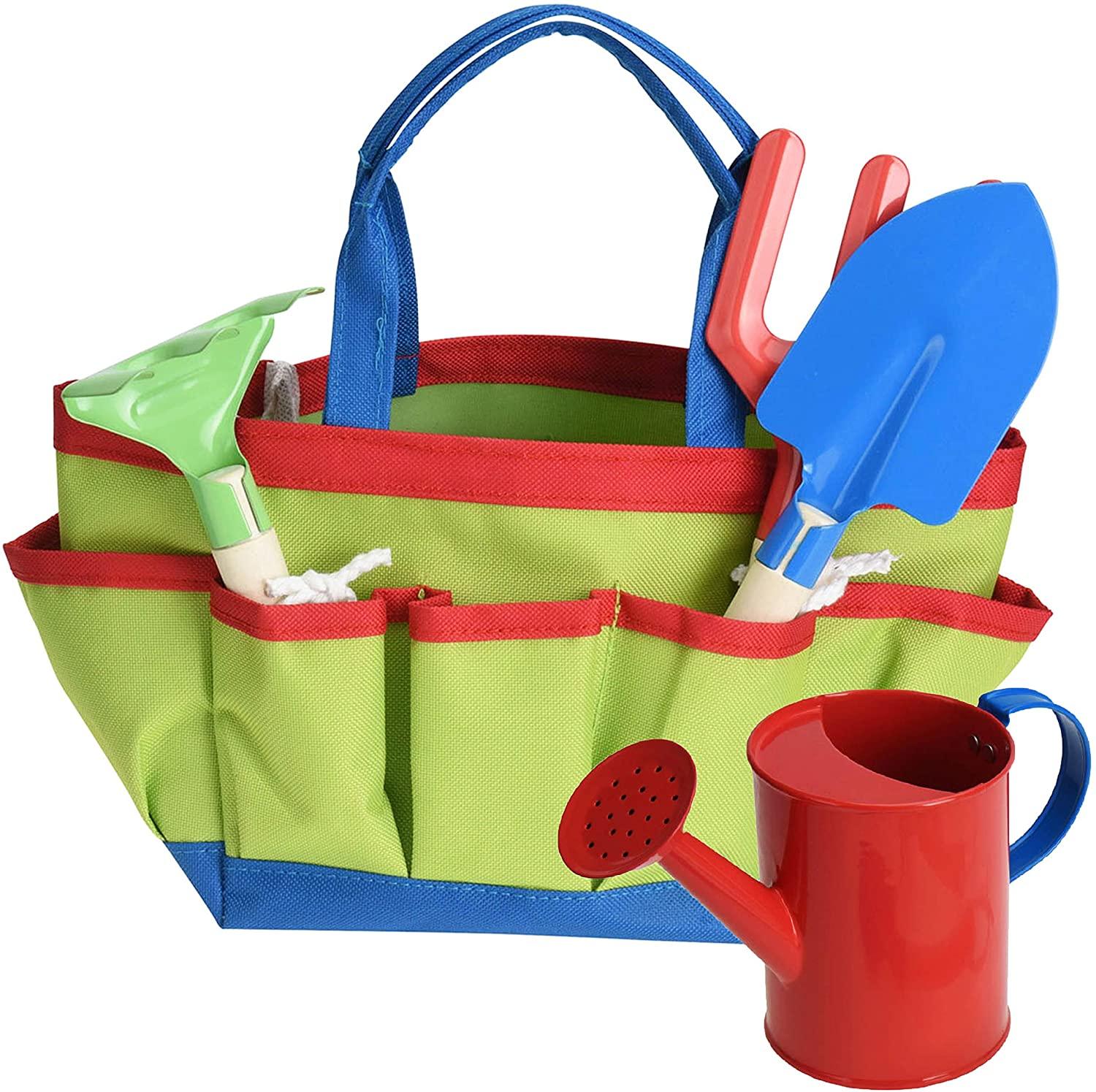 Green gardening set & bag, red trim, blue base. Red water can, blue spade, green fork in bag.