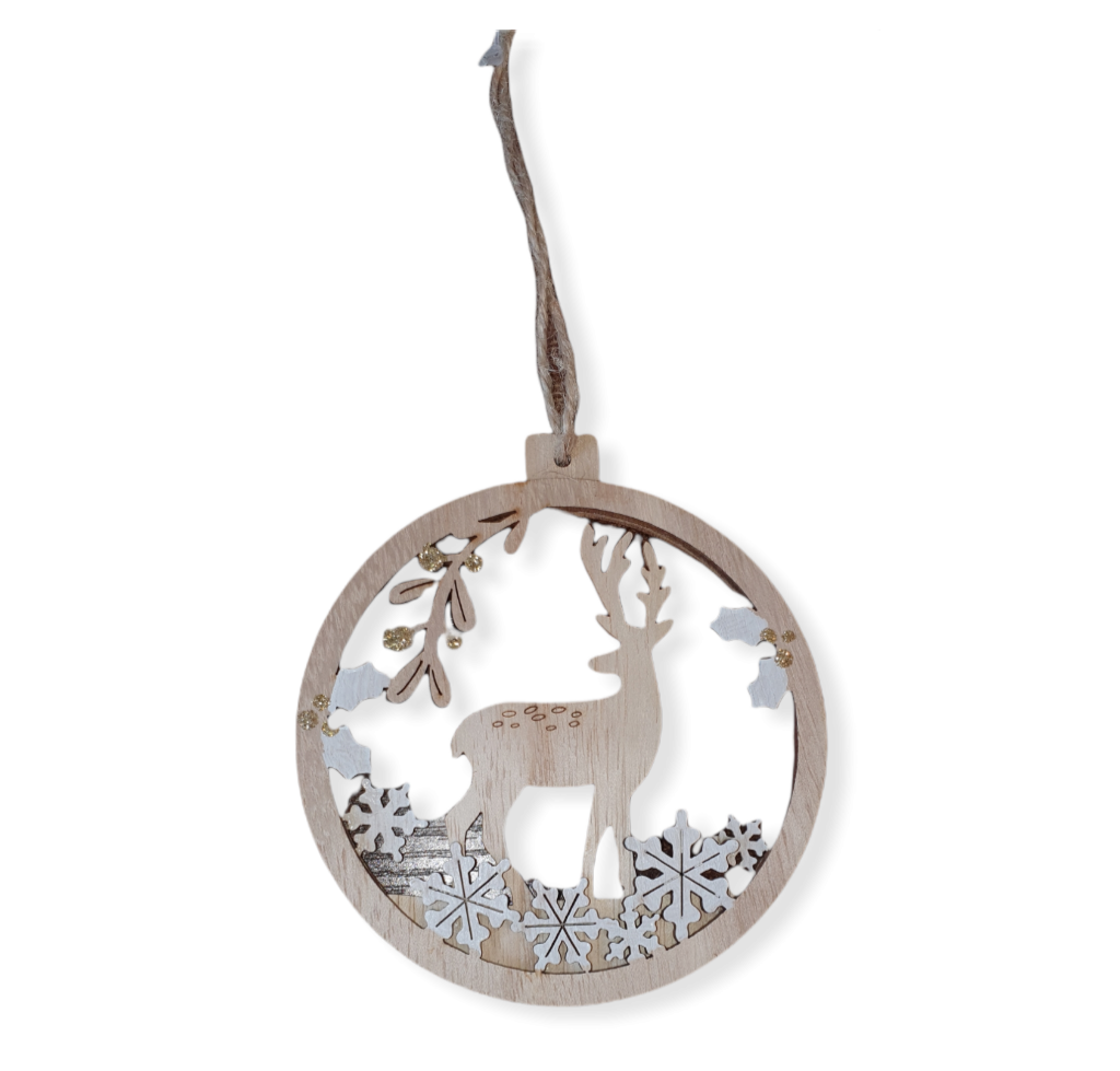 Flat wooden bauble, white snowflakes and Holly leaves with gold berries decorate inner edge. Natural wood Stag stands centre of bauble.