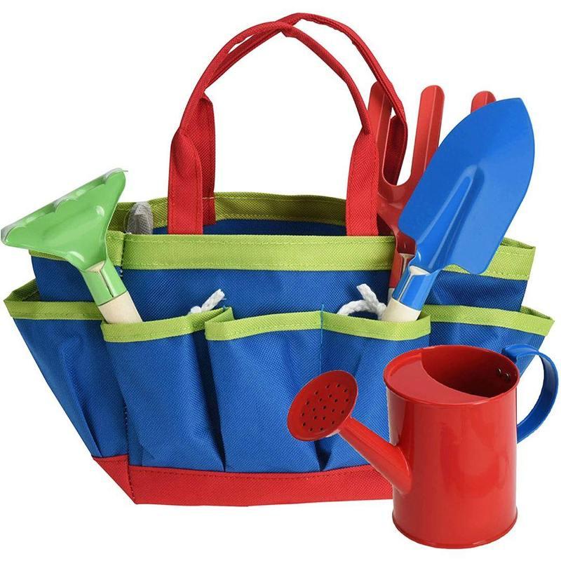 Blue garden tool bag, green trim, red base. Red water can, blue spade green fork in bag.