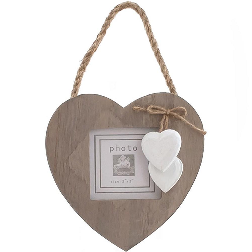 Rustic wood heart photo frame, two small white wood hearts hanging from jute string bow, chunky string hanging loop.