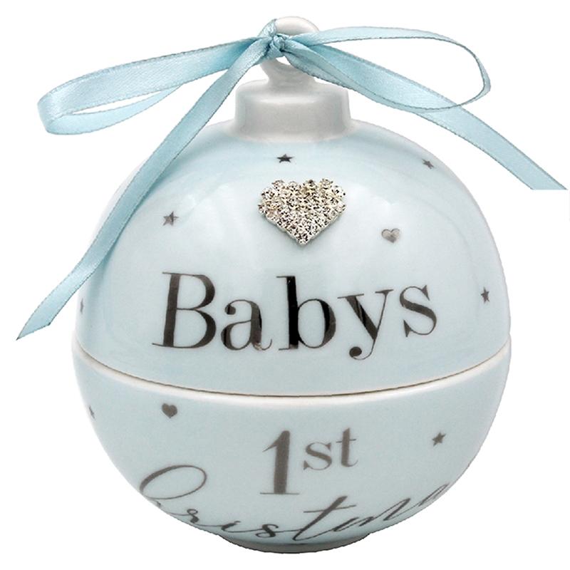 Pale Blue bauble with diamanté heart embellishment, silver hearts, Text Baby's First Christmas and stars around it and blue ribbon at very top.