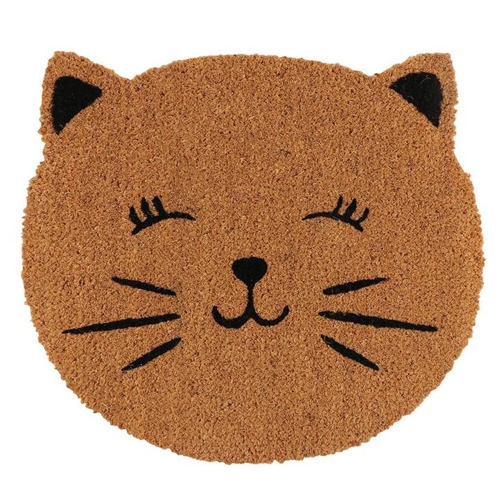 Brown oval mat with cat face printed onto it and a pair of cat ears.