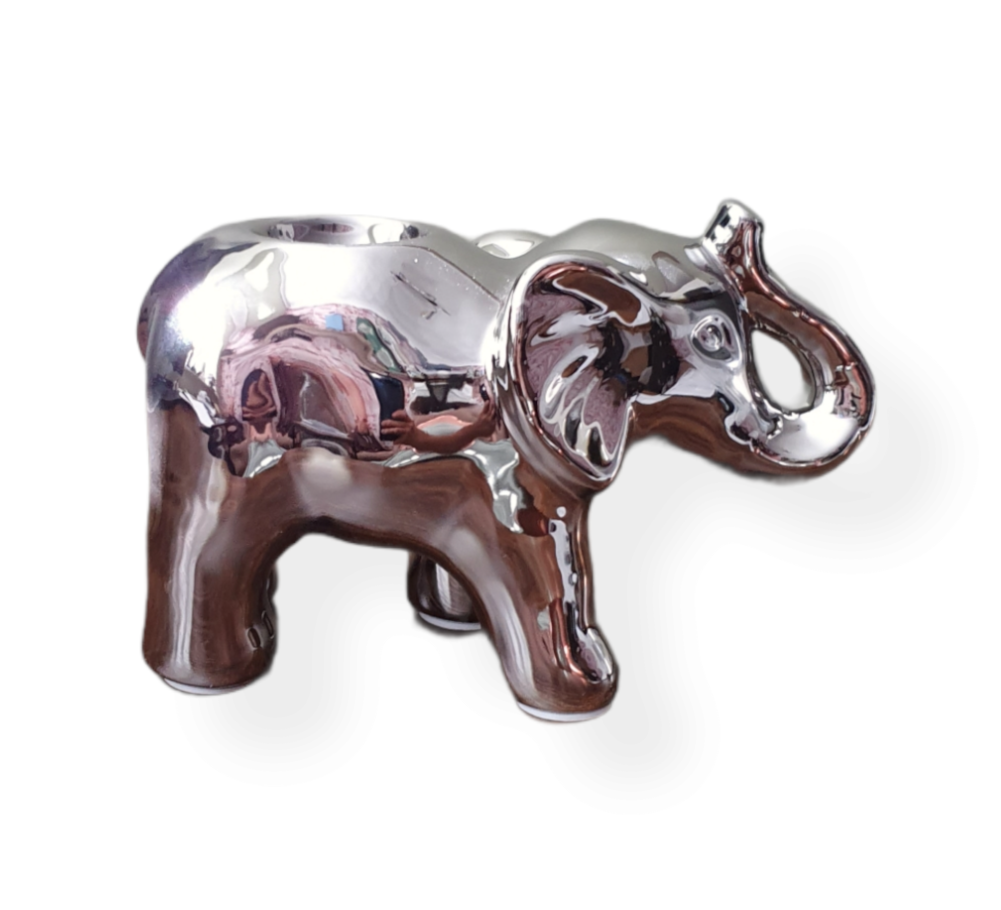 Shiny silver ceramic elephant facing the right trunk up.
