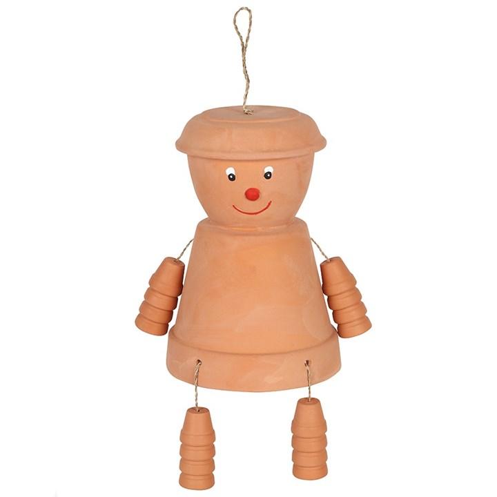 Large  terracotta pot man, made from different size pots and string. Smiley face.