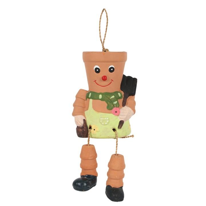 Hanging man made from Terracotta pot with dungaree's on holding a spade over his shoulder. Plant pot for head and a smiley face.