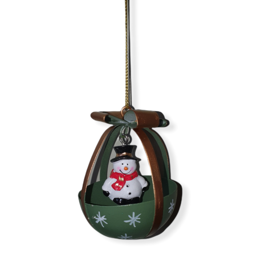 Half a green upside down metal dome with a hanging snowman inside a metal ribbon wrap.