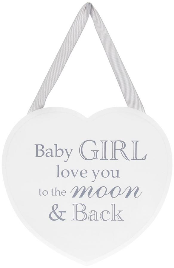 White heart, grey script 'Baby girl love you to the moon & back'. Light grey Ribbon loop for hanging.