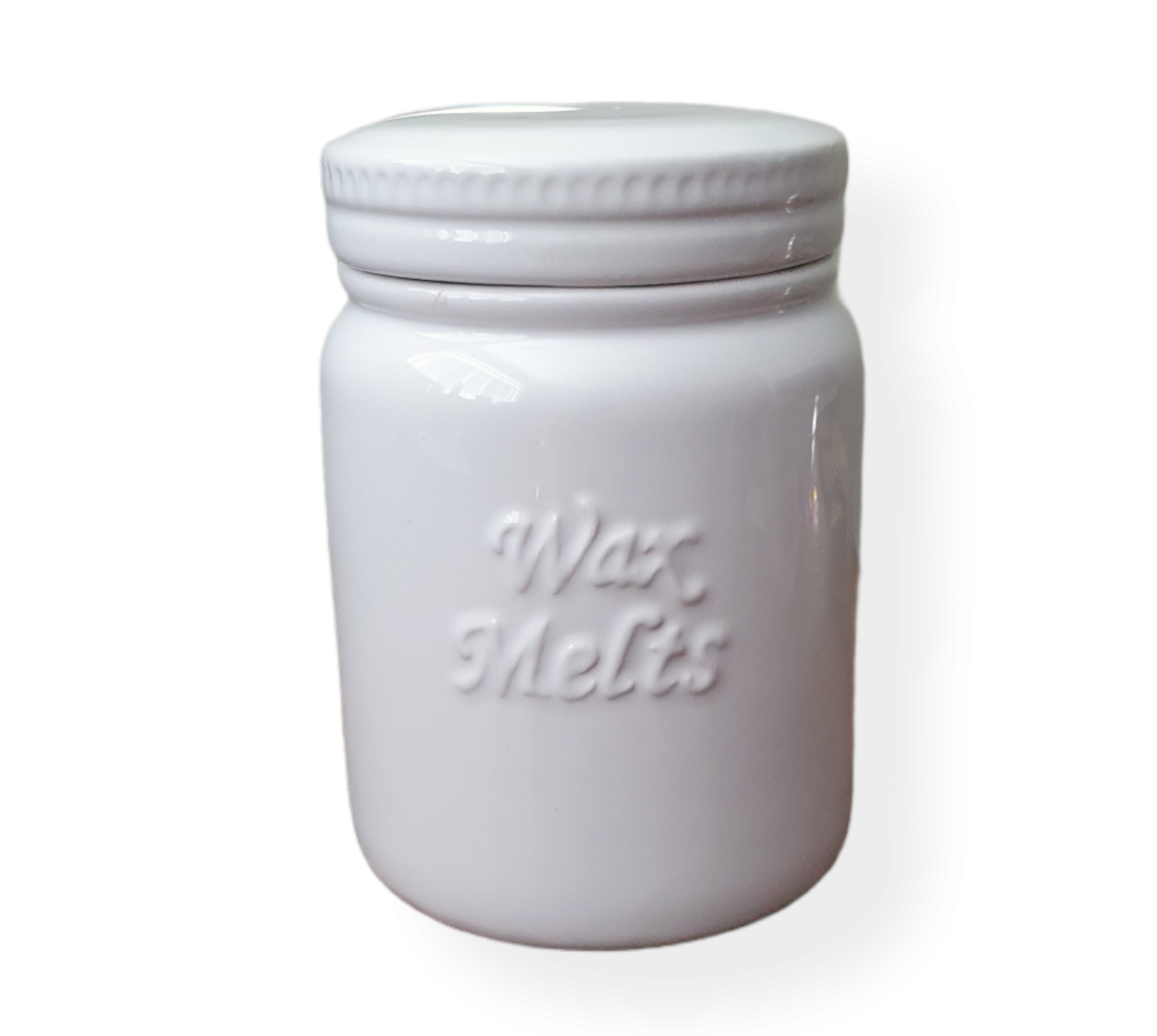 Large shiny white ceramic mason jar lid on, raised wax melts wording on it.