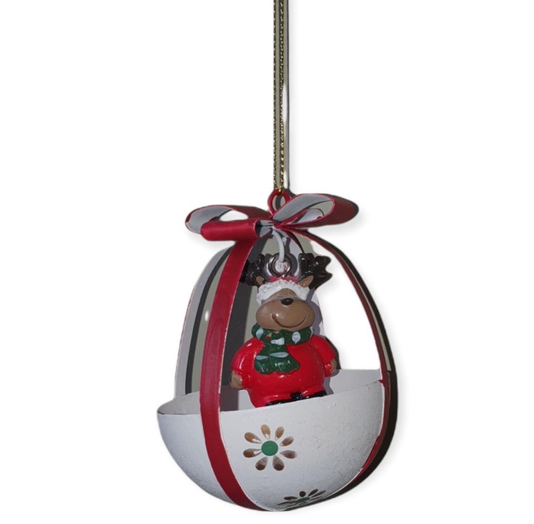 Metal white upside down dome with a hanging Reindeer hanging inside a metal ribbon wrap.