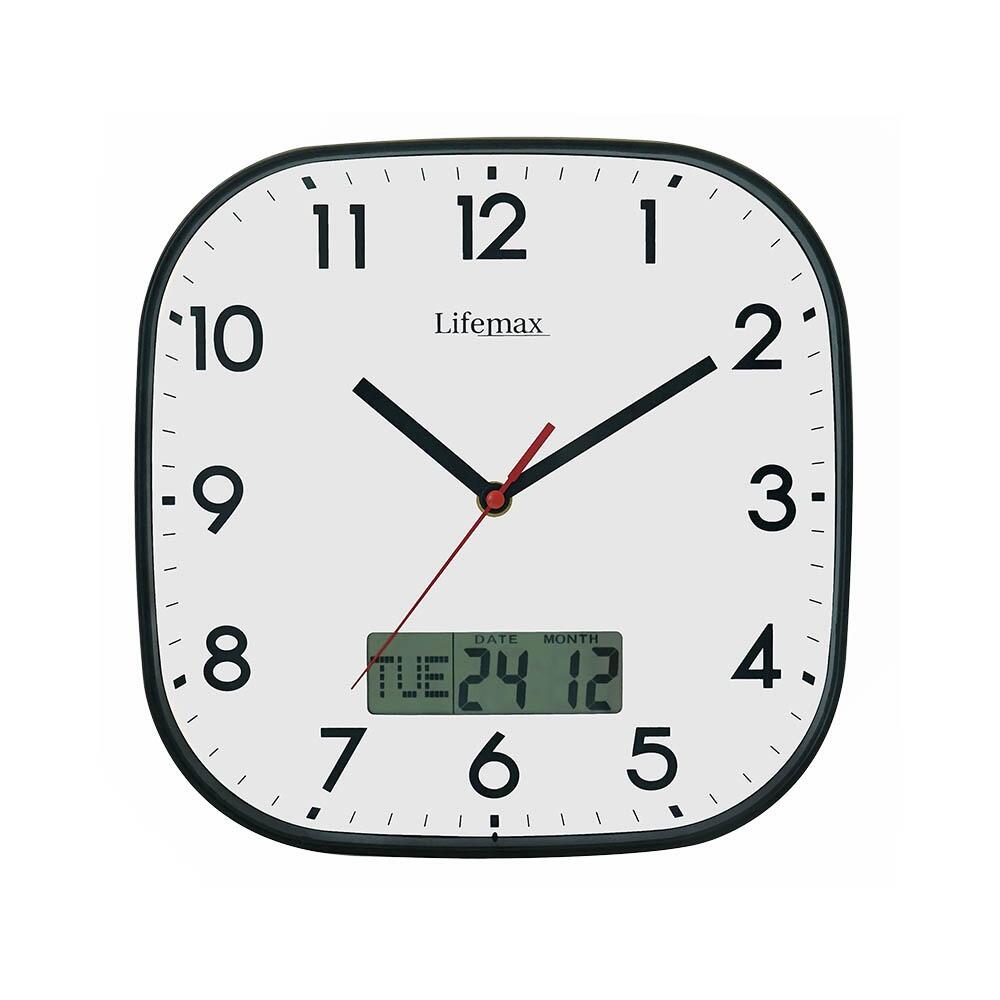 Lifemax White faced clear time day date clock against a while background