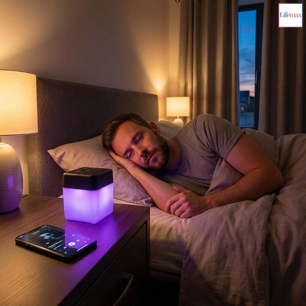 A middleaged man laying in bed using a Lifemax mood light bluetooth speaker illuminated purple with a 30 minute timer to play an audio book