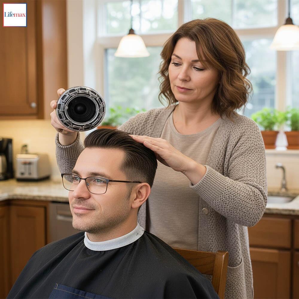 Home Barber Rechargeable Trimmer By Lifemax being used by a woman cutting a mans hair