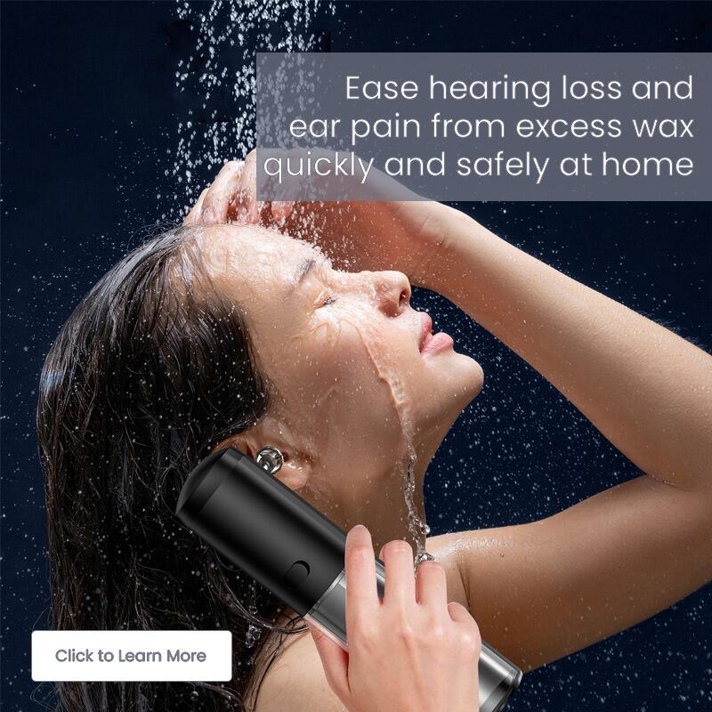 A middle aged lady in the shower using the Lifemax Safe Ear Wax Removal Kit.  The kit is helping to clear ear wax and relieve the effects of hear loss and ear pain.