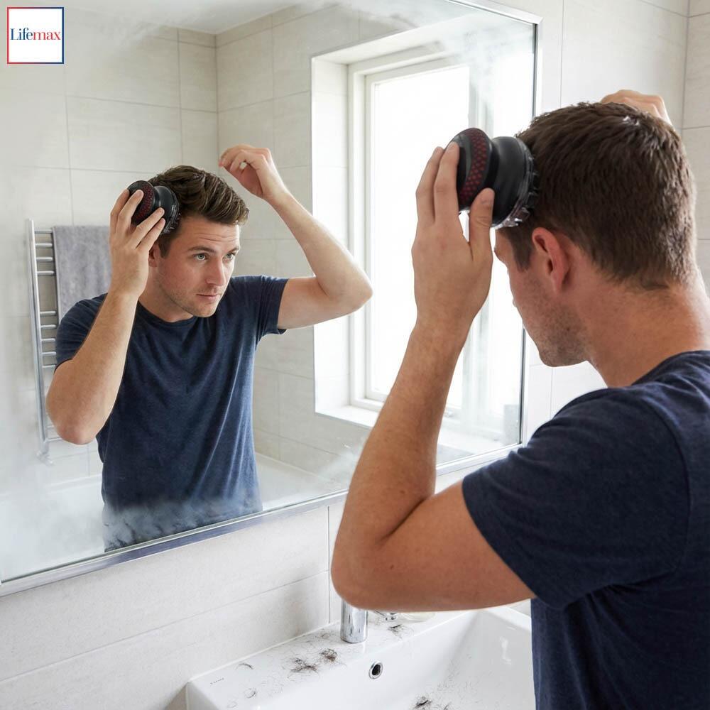 Home Barber Rechargeable Trimmer By Lifemax being used by a man in a bathroom mirror