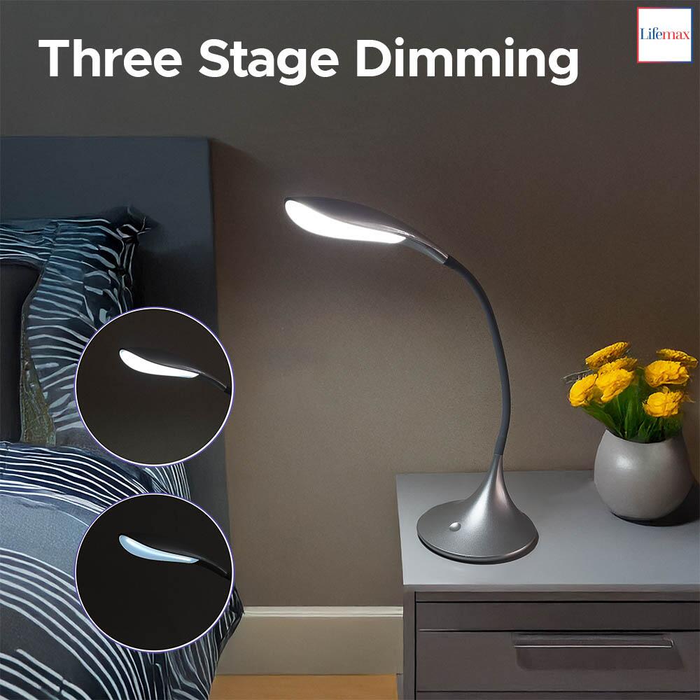 An image of lifemax Daylight LED Desk Light 1605D explaining three stage dimming features