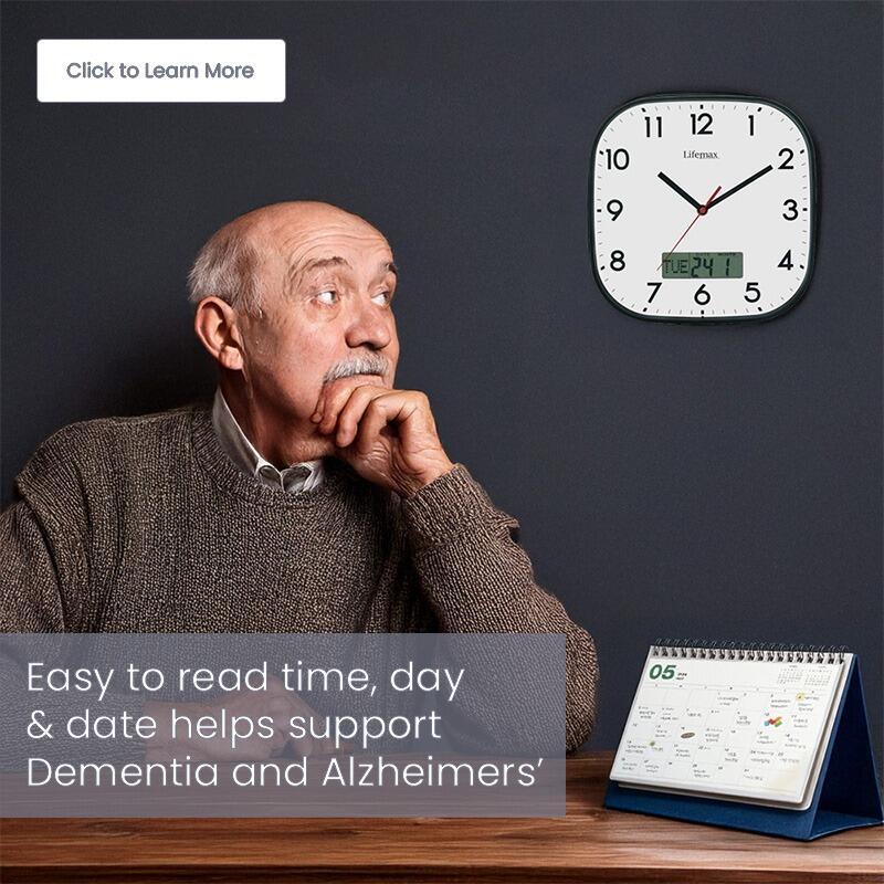 Elderly man with Dementia looking at a Lifemax Day Date Wall Clock
